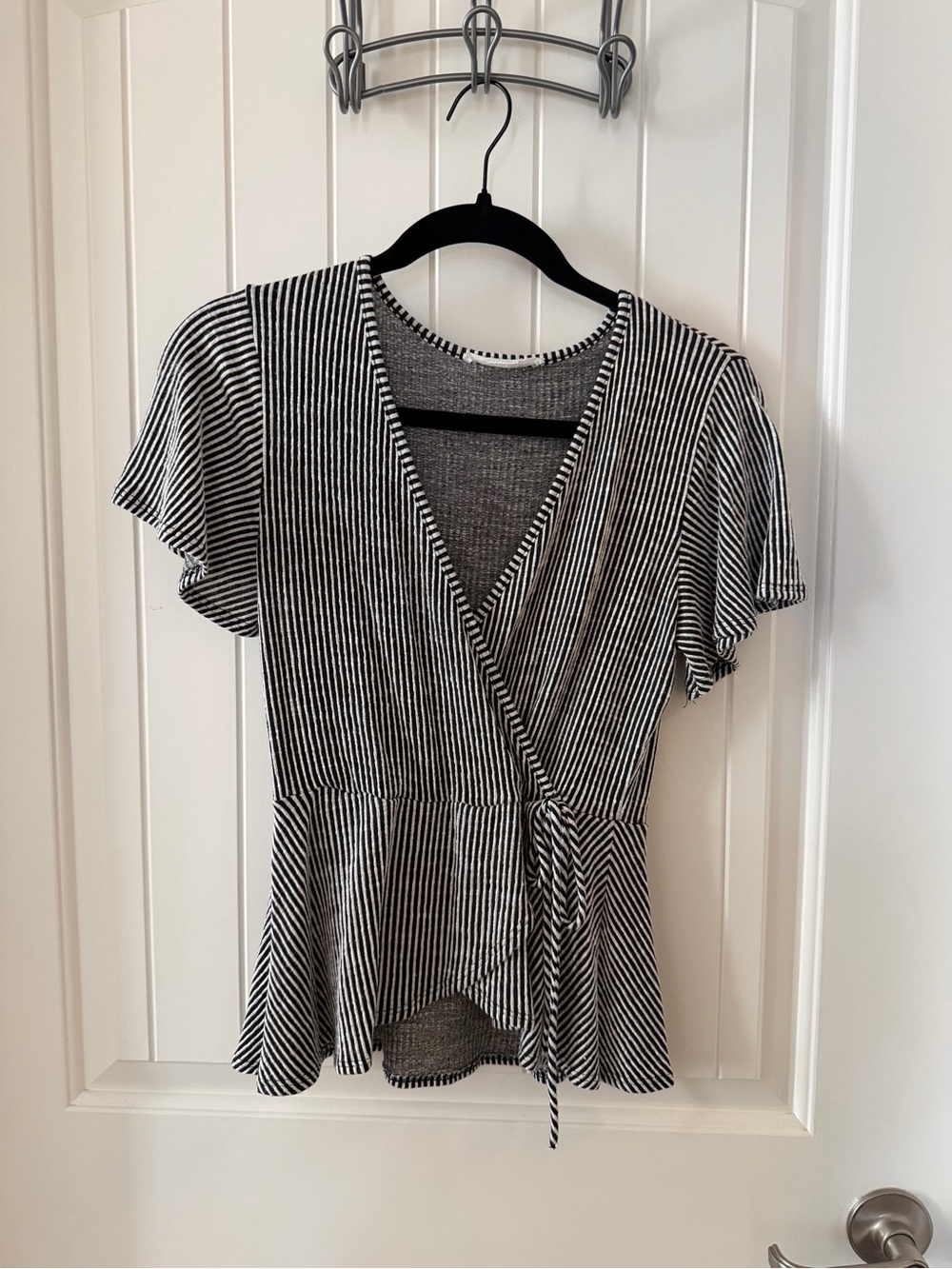 Caution To The Wind Black & White Striped Wrap Blouse